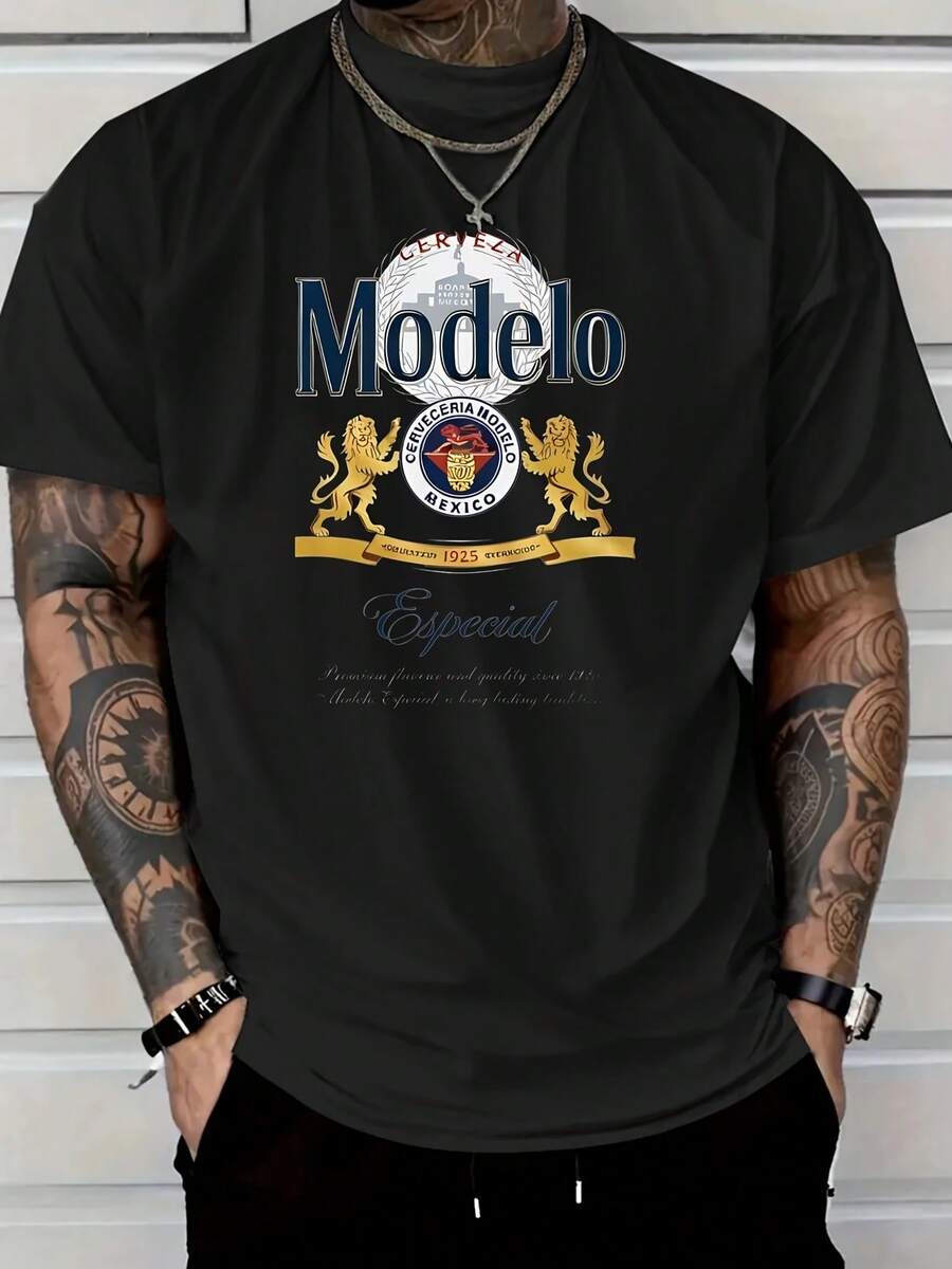 Modelo Especial Graphic T-Shirt For Men - Red Oversized Tee With Lion Cr*Est Design - màu đen - Xem 1