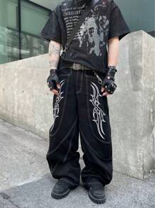 1pc Men's Vintage Washed Denim Jeans With Thorn Embroidery, Loose Baggy Fit, American Style