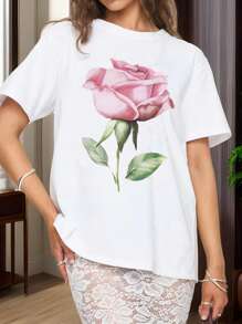 Women's Loose Tops Summer Causal Fruit Print/Rose Print Loose Round Neck Half Sleeve T Shirt