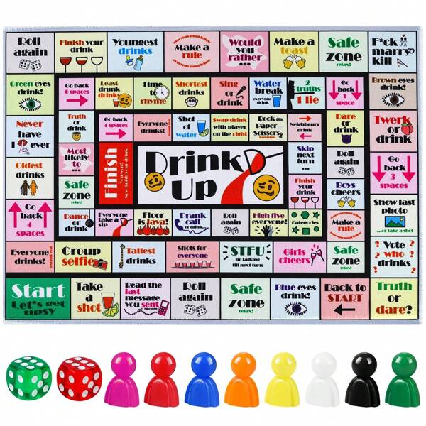 Drinkbordspellen voor volwassenen, drinkbordspel met rubberen mat, grappige interactieve drinkspellen voor spelletjesavonden, verjaardagen, familie of andere gelegenheden, leeftijd 21+, 2-8 spelers