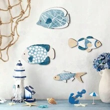 Juego de 4 decoraciones de pared de madera con forma de peces, decoración costera, decoración náutica colgante para baño