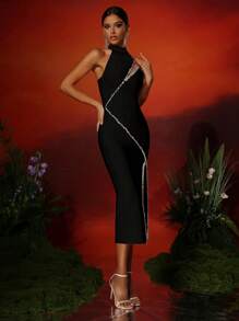 Love Aing LOVE Aing Damen Elegantes Pailletten verziertes Tüllpanel Schlitz Bodycon Party Kleid, geeignet für Hochzeit, Bankett, Abschlussball