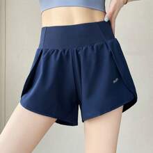 1pc Women High Waist Elastic Waistband Pocket Graphic Letter Design Polyester Yoga Sports Shorts