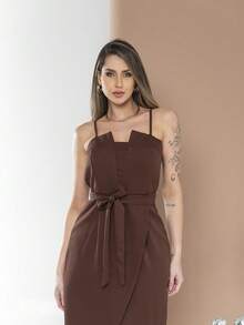 V761 Tailored Midi Dress With Straps - Chocolate Brown - View 5