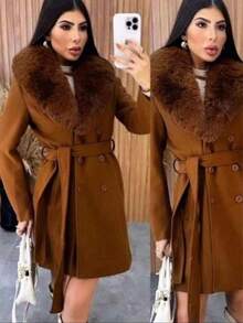 Women's Wool Coat With Fur Collar - Camel - View 2