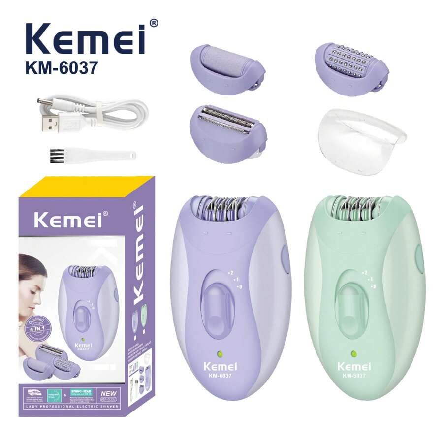 Kemei KM-6037 女士无痛面部脱毛器，包含 3 个附件，无线面部脱毛器带 LED 灯，可充电面部剃毛器，USB 充电