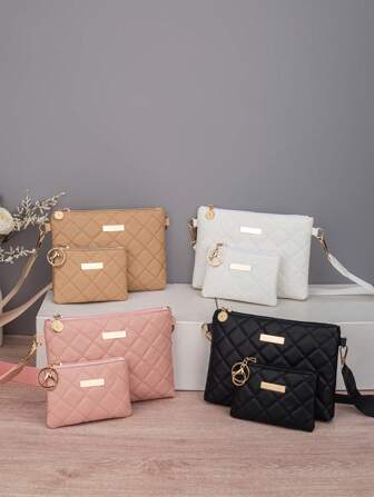 Nouveau sac bandoulière à la mode, 2 pièces avec broderie losange | Sac à épaule polyvalent et décontracté | Sangle de couleur unie avec décoration métallique | Sac de voyage multifonctionnel