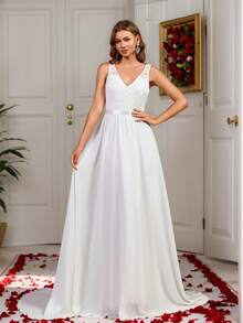 Vestido de novia sin mangas de unicolor con contraste de encaje y malla bordada