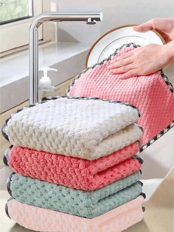 5pcs Hangable Coral Fleece Dish Cloth, Kitchen Household Absorbent Dish Towel, Scouring Rag, Hand Wipe Towel, Cleaning Cloth For Small Business Owners/Retailers,Kitchen,Bathroom,Home,Household Suppliers