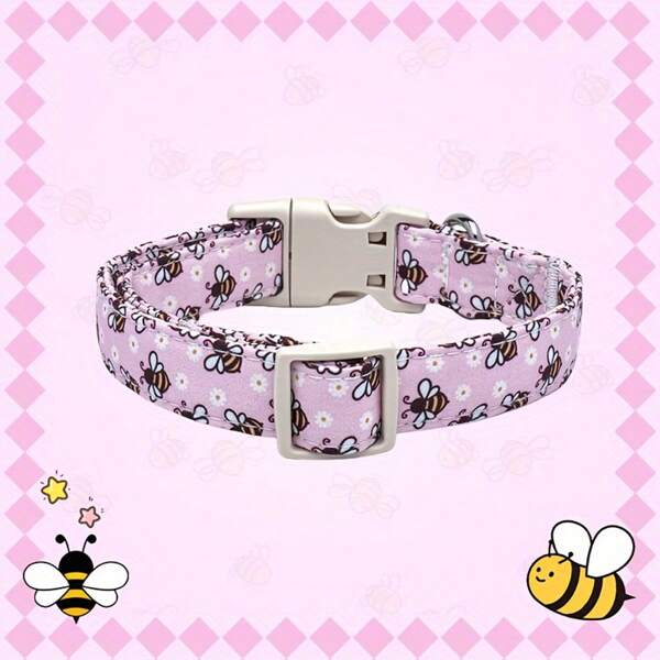 An Adjustable Pink Floral Dog Collar With A Bee Theme, Suitable For Both Male And Female Cats, And Small, Medium, And Large Dogs.