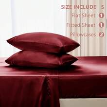 New-  Satin Sheets Full Size - 4 Piece Burgundy Bed Sheet T  Silky Microfiber, 1 Deep Pocket Fitted Sheet, 1 Flat Sheet, And 2 Pillowcas - Ooth And Soft - 勃根地酒紅 - 查看 6
