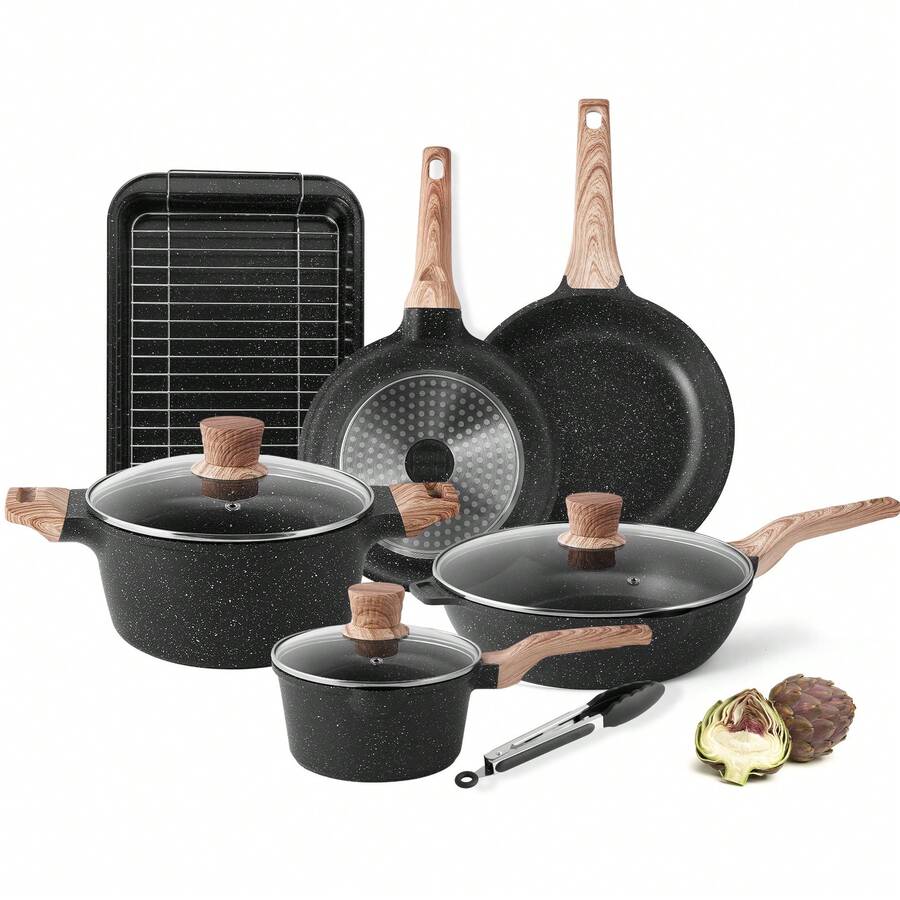 RIOVARM Induction Pots And Pans Set With Lids Nonstick Cookware Set With Granite Coating PFOA-Free Pans With Wood Grain Handle Frying Pan Saucepan Casserole Omelete Pan