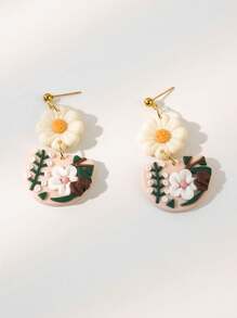 Pendientes colgantes de flor de arcilla polimérica hechos a mano, flores 3D de arcilla en color blanco y rosa, regalos de joyería para mujeres