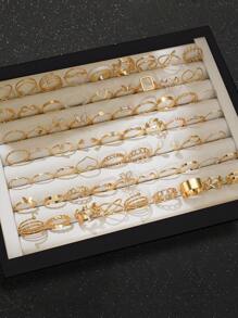 66/22 pièces Ensemble de bagues pendentifs en forme de cœur, papillon, fleur, feuille, étoile, strass, faux perle, géométrique, vague, torsadé, cercle pour superposition, mignon, mode, élégant, vintage, fête, usage quotidien (sans boîte)