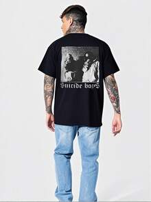 (220g Pure Cotton T-Shirt) Men Plus Size Summer Casual Tee Round Neck Short Sleeve T-Shirt 1Pcs With Mysterious And Edgy "Suicide Boys" Black - And - White Design Double Sided Digital Print - màu đen - Xem 3