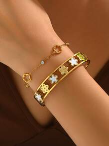 Juego de pulsera y brazalete de acero inoxidable con diseño de strass y trébol, estilo elegante y de moda, adecuado para uso diario de mujer, regalo de Navidad, regalo festivo