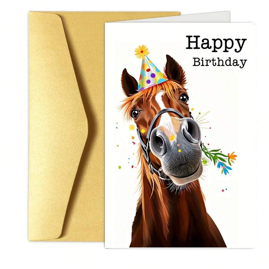 1/2/5/10pcs Humorous Horse Birthday Card With Party Hat & Confetti Design - Funny Animal-Themed Greeting Card For Dad, Anyone - Includes Envelope, High-Quality Paper, Dad Birthday Card, Vibrant Colors, Sturdy Envelope, Gift Givers - Multicolor - View 1