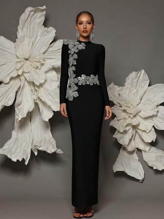 Long Sleeve Bandage Embellished Floral Bodycon Dress, Sexy Figure-Flattering Fit, Suitable For Holiday, Family Gathering, Evening Party, Wedding, Elegant