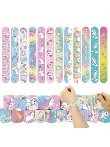 12pcs/Set Colorful Plastic Clapper Bracelets, Cute Unicorn & Planet Patterns, Clapper Wristbands, Creative Clapper Rings, Cartoon Theme Party Decorations - Multicolor - View 1