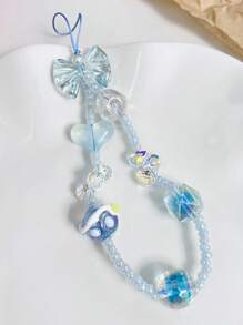 1 pieza Cordón para teléfono móvil con forma de corazón con lazo azul y cuentas hecho a mano, colgante DIY para primavera y verano, cadena para cámara CCD