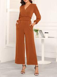 COMFYVOGUE Women's Solid Color Crossed V-Neck Lantern Sleeve Ruffle Wide Leg Elegant Jumpsuit - 橘色 - 查看 3
