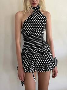 Women Summer Gingham Skirts Set Y2K Sleeveless Halter Crop Top Backless Camisole With Low Waist Bow Belted Bubble Skirt 2 Piece Outfit - 黑色 - 查看 2