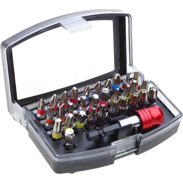 32pcs Compact Screwdriver Bit Set, Includes Hex, Flat, Pentalobe, And Star Bits - Durable Stainless Steel, Color Coded For Easy Identification, With Electric Screwdriver Adapter, Short Bits, And Storage Case