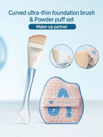 Amortals Face Makeup Set: 1pc Foundation Brush + 1pc Cute Fish-Tail Flat Curve Makeup Sponge Puff, Soft & Non-Absorbing Foundation Powder Blush Brush, Makeup Sponge