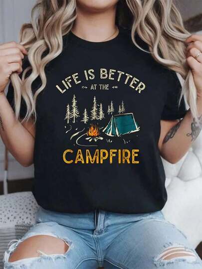 100% Algodón Camiseta de Campamento Impresa, Camisetas de Cuello Redondo, Camisetas Gráficas para Mujeres, Camiseta Casual de Manga Corta para Primavera y Verano, Ropa de Mujer