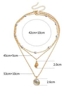 3pcs European Style Multi-Layer Faux Pearl & Shell Pendant Necklace, Bohemian Metal Snake Chain Necklace For Women, Versatile Layered Choker Necklace Suitable For Beach And Vacation Wear
