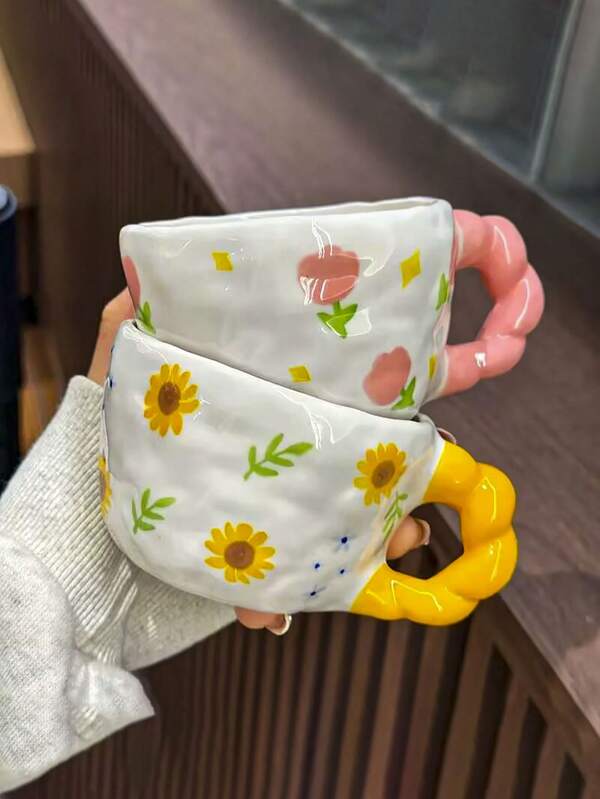 1pc Ins-Style Hand-Painted Glazed Mug, Cute Pink Tulip Ceramic Cup, French Elegant Sunflower Mug, Tea/Coffee Cup, High-Quality Office Water Cup, Home Milk/Oatmeal Cup, Ideal Gift For Girls Back To School