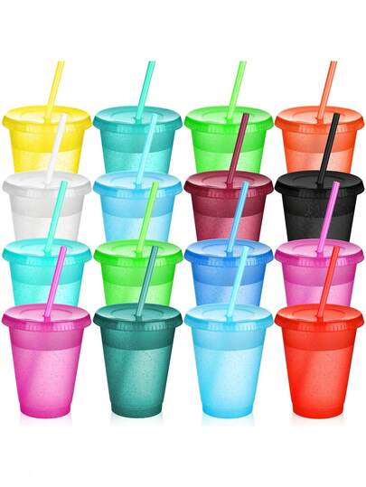 20 piezas - Vaso con pajita y tapa, taza con pajita, botella de agua reutilizable, taza de viaje para café helado, taza de plástico para adultos para cumpleaños, bodas, despedidas de soltero, fiestas de playa hawaianas, reuniones familiares de 16 onzas (colores brillantes)
