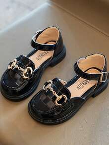 一双女童低帮时尚公主鞋，金属扣格纹装饰，亮面人造皮革扣，适合日常和派对穿着 - 黑色 - 查看 2