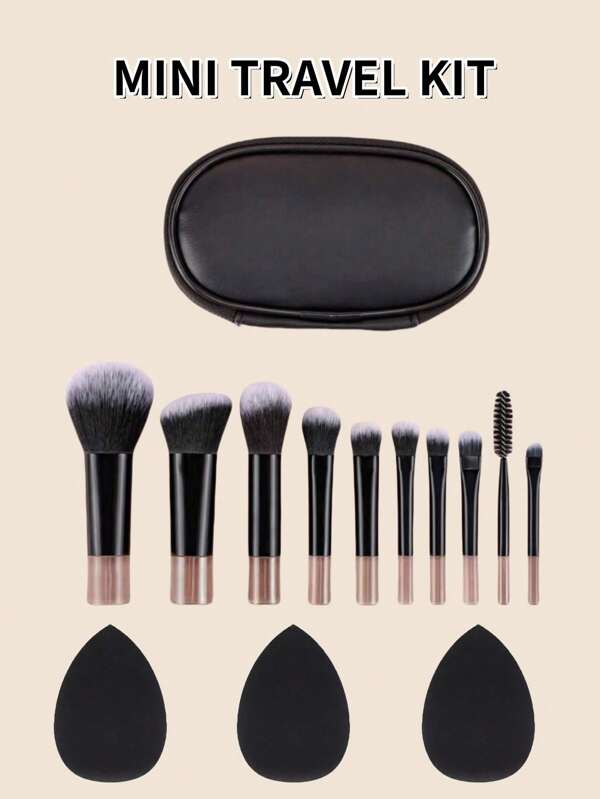 Set de 10 pensule de machiaj mini roz + 1 pungă mini cu fermoar + 3 pensule de machiaj cu burete, pensulă pentru pudră, pensulă pentru contur, pensulă pentru blush, pensulă pentru fard de pleoape, pensulă pentru iluminator, pensulă pentru sprâncene, instrumente de machiaj de călătorie convenabile