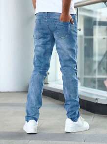 Regular Fit Men Classic Denim Jeans - Soft Slight Stretch Fabric, Washed Solid Color, All-Season Comfortable Basics For Teen - Woven, No Sheer, Regular Length