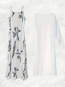 Đầm midi chiffon dáng rộng, cổ chữ V, họa tiết cành lá, dây đeo điều chỉnh được, chất liệu có tay áo cardigan 3/4, phù hợp cho đám cưới, tiệc tùng, mặc hàng ngày, trang phục công sở thoải mái, màu trắng, thích hợp cho kỳ nghỉ xuân. - trắng - Xem 3