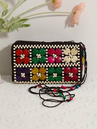 Handmade Coconut Shell Beaded Vintage Cross-Body Bag For Women