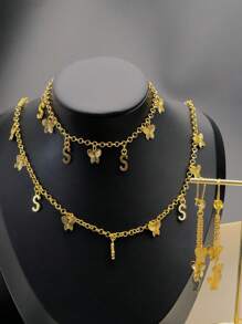Set minimalista nuovo stile francese con ciondolo a forma di farfalla, lettera S e cerchio, composto da collana, bracciale e orecchini, 3 pezzi