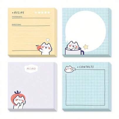 New 4Pcs/1Bag Features A Cat-Themed Design With Heart-Shaped  Notes And Sticky Notes, Symbolizing Unwavering Love. It Is Characterized By Cat Patterns And Is Suitable As A Heartwarming Gift For Offices, Schools, And Families