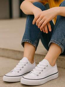Tenis hombre mujer unisex lona basico para outfit sencillo combinable moda urbana ideal para gym choclo plataforma lisa colores basicos raya completa - Blanco - Ver 2