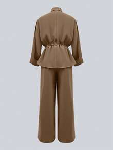Women's Fashion Single-Breasted Lapel Drawstring Top & Elastic Waist Pants Set, Casual Solid Color Spring Elegant - Brown - View 2