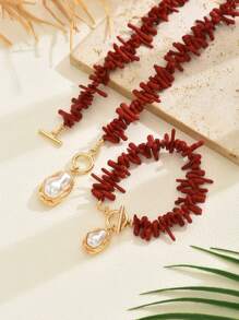 2pcs Fashion Red Coral Baroque Faux Pearl Necklace & Bracelet Set, Women Summer Beach Party Jewelry Accessories