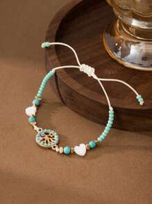 Pulseira ajustável estilo boêmio verde menta com pingente de coração, árvore da vida, acessório versátil para praia/férias