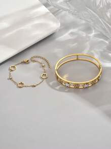 Juego de pulsera y brazalete de acero inoxidable con diseño de strass y trébol, estilo elegante y de moda, adecuado para uso diario de mujer, regalo de Navidad, regalo festivo