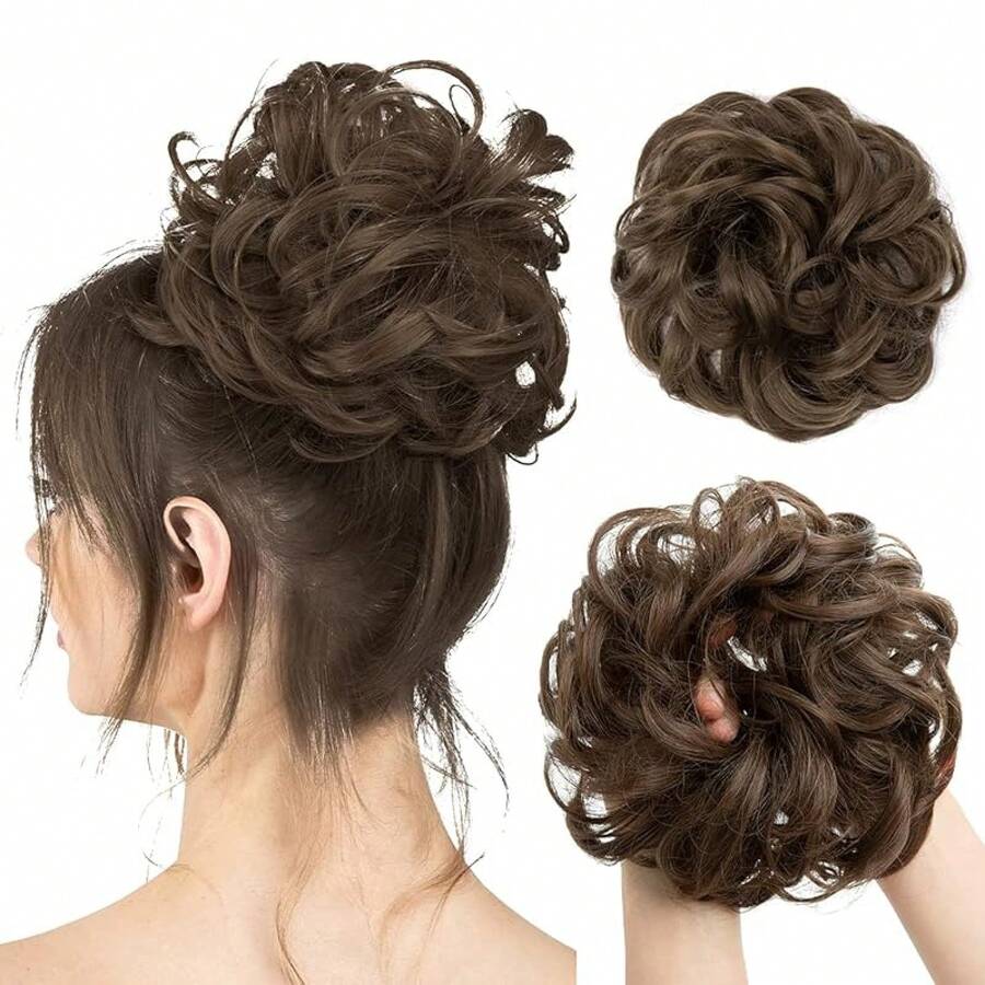 Large Messy Bun Hair Piece Wavy Curly Scrunchies Synthetic Chignon Ponytail Hair Extensions Thick Updo Hairpieces For Women Dark Brown - 中灰棕色 - 查看 1