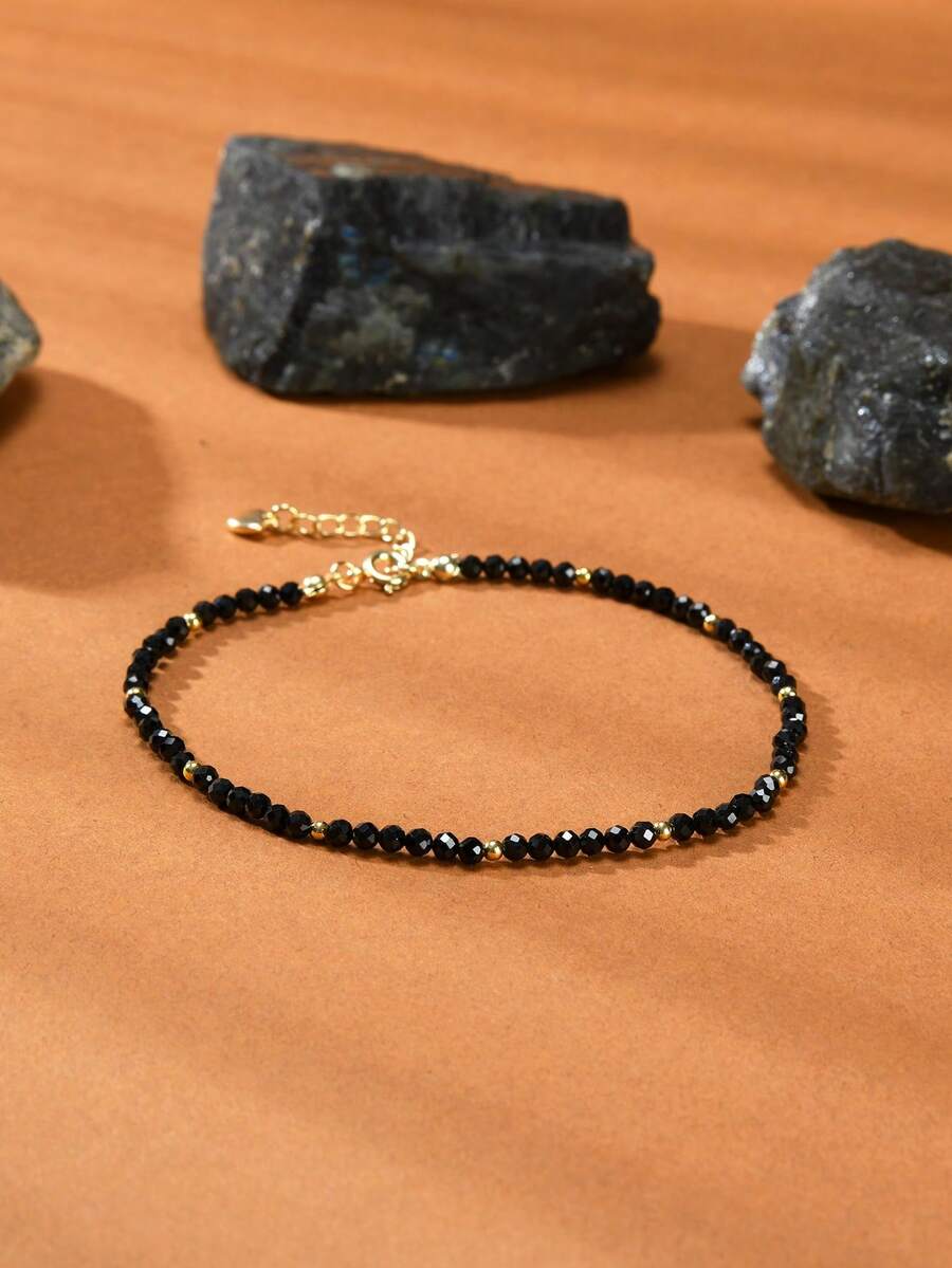 1 件波西米亚风格 18K 镀金天然黑石英女式脚链 - 黑色 - 查看 1
