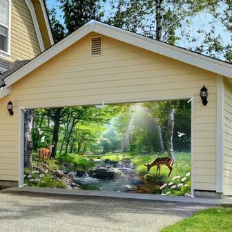 1 Faixa de tecido para porta de garagem com estampa de córrego e veado em fibra de poliéster, durável e elegante, sem necessidade de eletricidade, pode ser pendurada, adequada para ocasiões gerais, ano novo, primavera, verão, casamentos, festas e celebrações ao ar livre