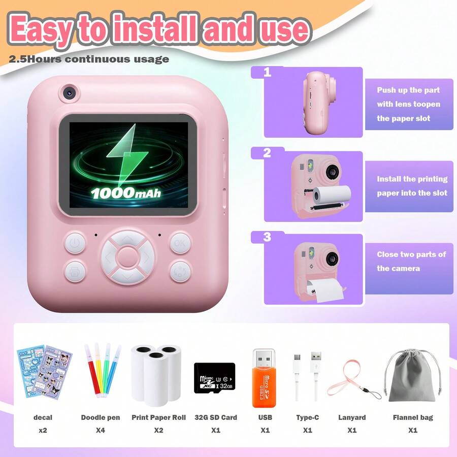 W&O 1080P FHD Screen Instant Print Digital Camera - With 3 Rolls Of Paper, 32G TF Card And Card Reader, Puzzle Games, 2.4 Inch Compact And Portable Design Outdoor Photography, Prefect Gift For Halloween Christmas And Thanksgiving.