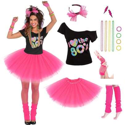 17pcs 1980s Costume Accessories Set: Mini Skirt, Earrings, Necklace, Bracelet, Fishnet Gloves, Leg Warmers, Headband, For Halloween Carnival Celebration,Party Costume