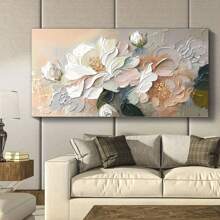 1 peça de pintura de parede em tela sem moldura, textura floral de peônia em branco e rosa, decoração de pôster de parede botânico, decoração de parede moderna sem moldura adequada para sala de estar, quarto, escritório, sala de jantar - decoração de parede elegante, arte de parede, mistura de cores ricas, detalhes intrincados de pétalas